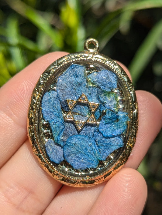 Blue Israeli Flowers Gold Plated Magen David Resin Pendant