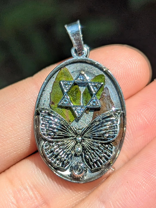 Silver Butterfly Magen David Resin Pendant with Israeli Green Leaves