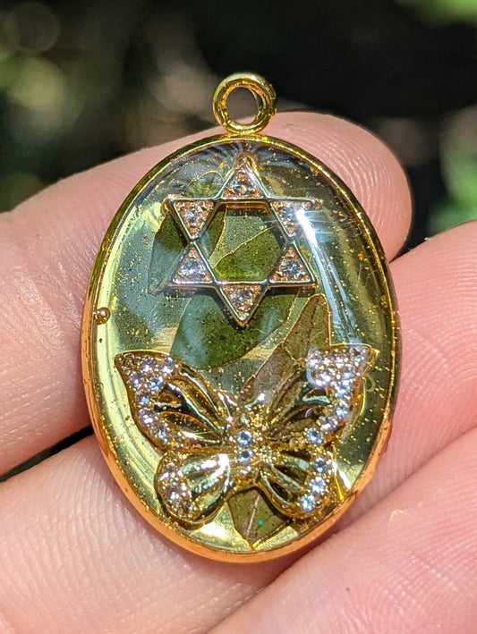 Gold Butterfly Magen David Resin Pendant with Israeli Green Leaves