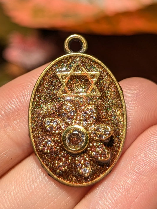 Zirconia Flower, Brown Glitter & Magen David Resin Pendant