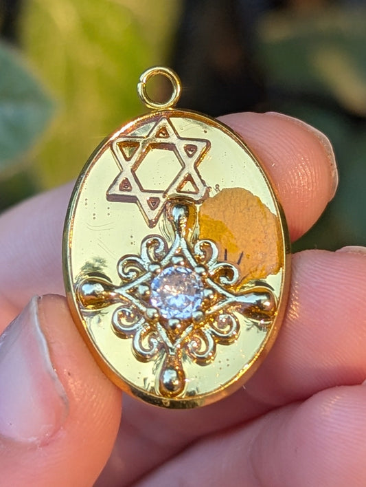Nora: Shimmering Zirconia God Plated Star, Israeli Yellow Flower and Magen David Resin Pendant
