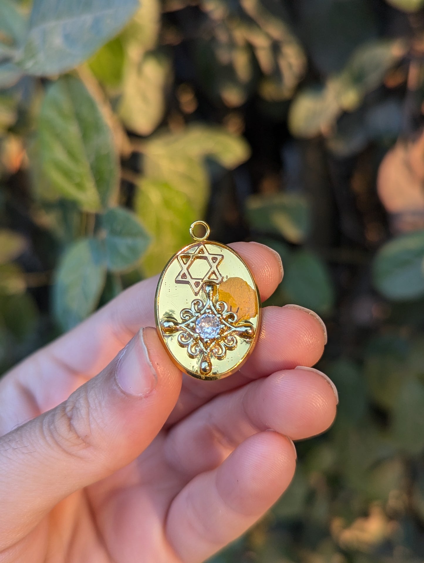 Nora: Shimmering Zirconia God Plated Star, Israeli Yellow Flower and Magen David Resin Pendant