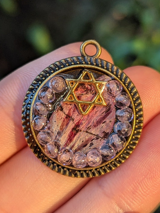 Ahuva (beloved): Pink Striped Flower, Pink Zirconia Beads and Gold Plated Magen David