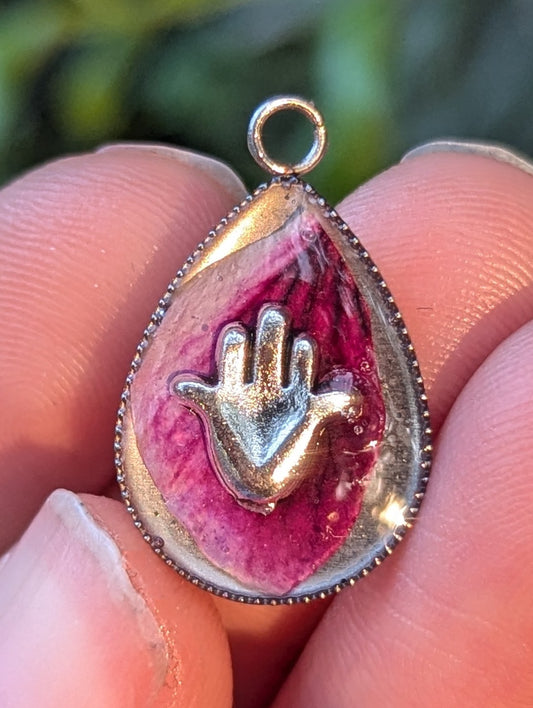 Tipa Vruda (pink drop): Pink Israeli Flower and Silver Hamsa in Resin