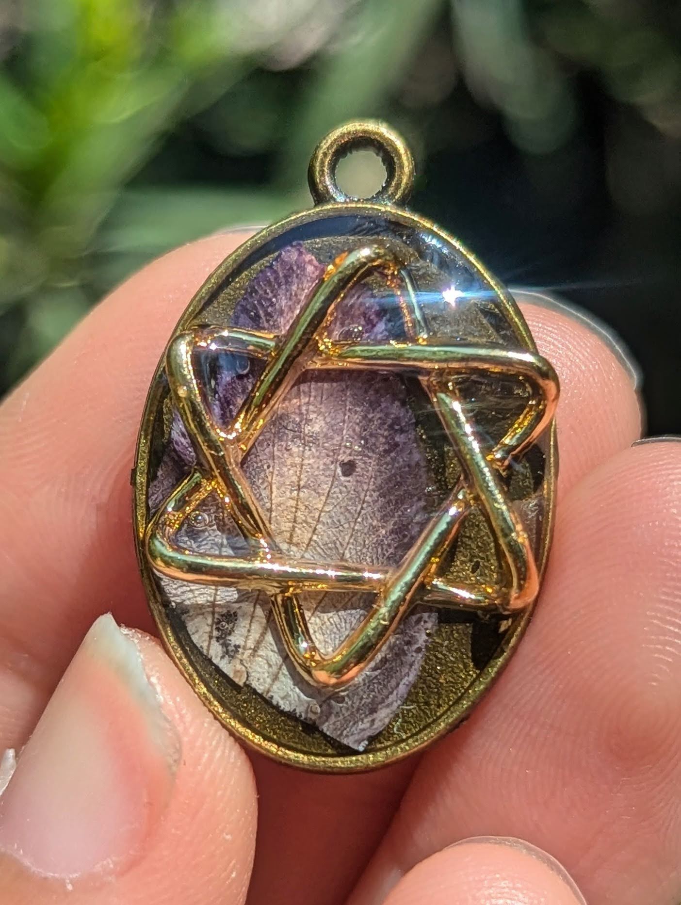 Rivka: Light Purple Israeli Flower and Gold Plated Soft Style Magen David in Resin