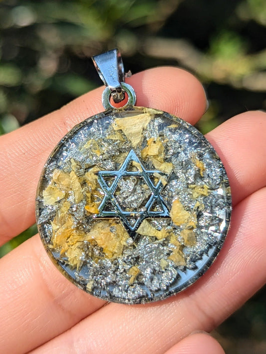 Yelena: Yellow Israeli Flowers and Silvery Flakes Magen David Resin Pendant