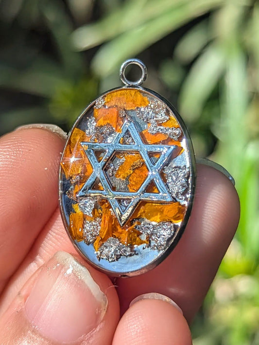 Citrus: Orange Flowers and Silver Flakes Magen David Resin Pendant