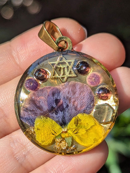 Purple Yellow Magen David Amethyst Gemstones Resin Pendant