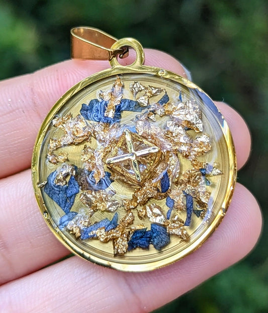 Merkava, Blue Flowers and Gold Flakes Round Resin Pendant