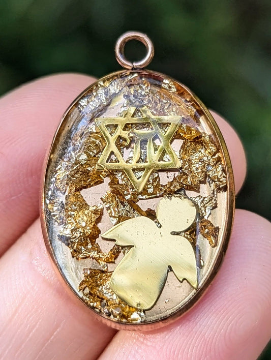 Gold Guardian Angel Chai Magen David Resin Pendant