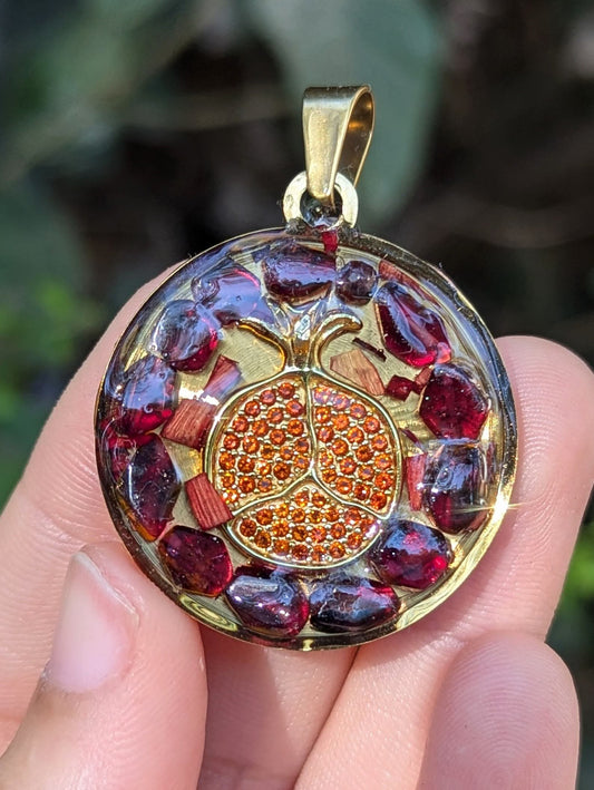 Pomegranate Celebration: Red Israeli Flowers, Garnet Gemstones, Sterling Silver Zirconia Gold Plated Pomegranate Resin Pendant