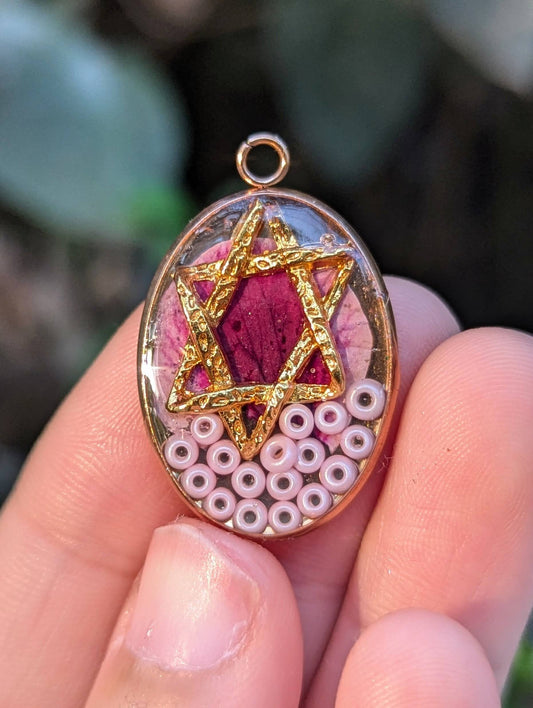 Alice: Israeli Pink Flower, Gold Plated Side Magen David and Pink Pearl Glass Beads