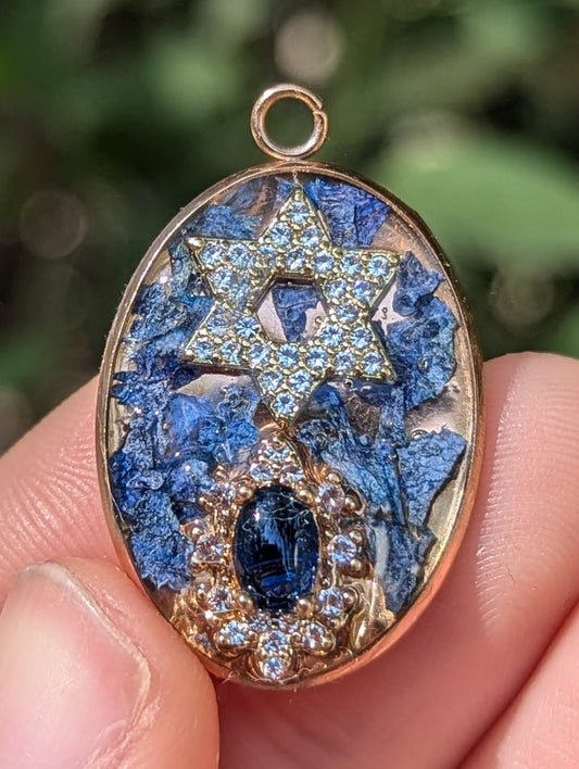 Ella: Blue Israeli Flowers Zirconia Magen David in Rose Golden Resin Pendant