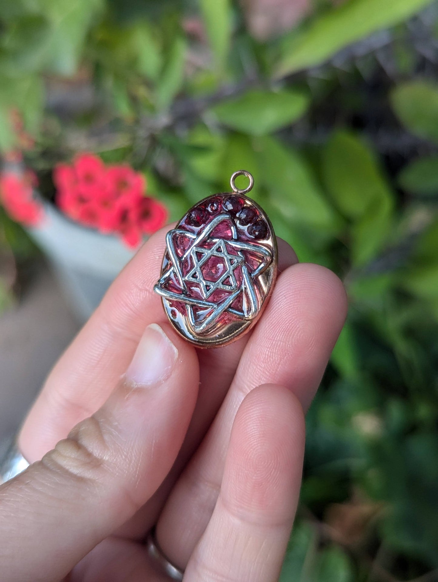 Cassandra: Double Magen David, Garnet Gems and Israeli Pink Flower Resin Oval Pendant