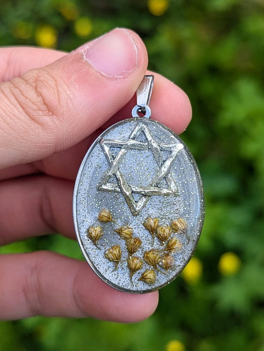 Shimmering Silver Yellow Tiny Israeli Flowers Stainless Steel Oval Magen David Resin Pendant