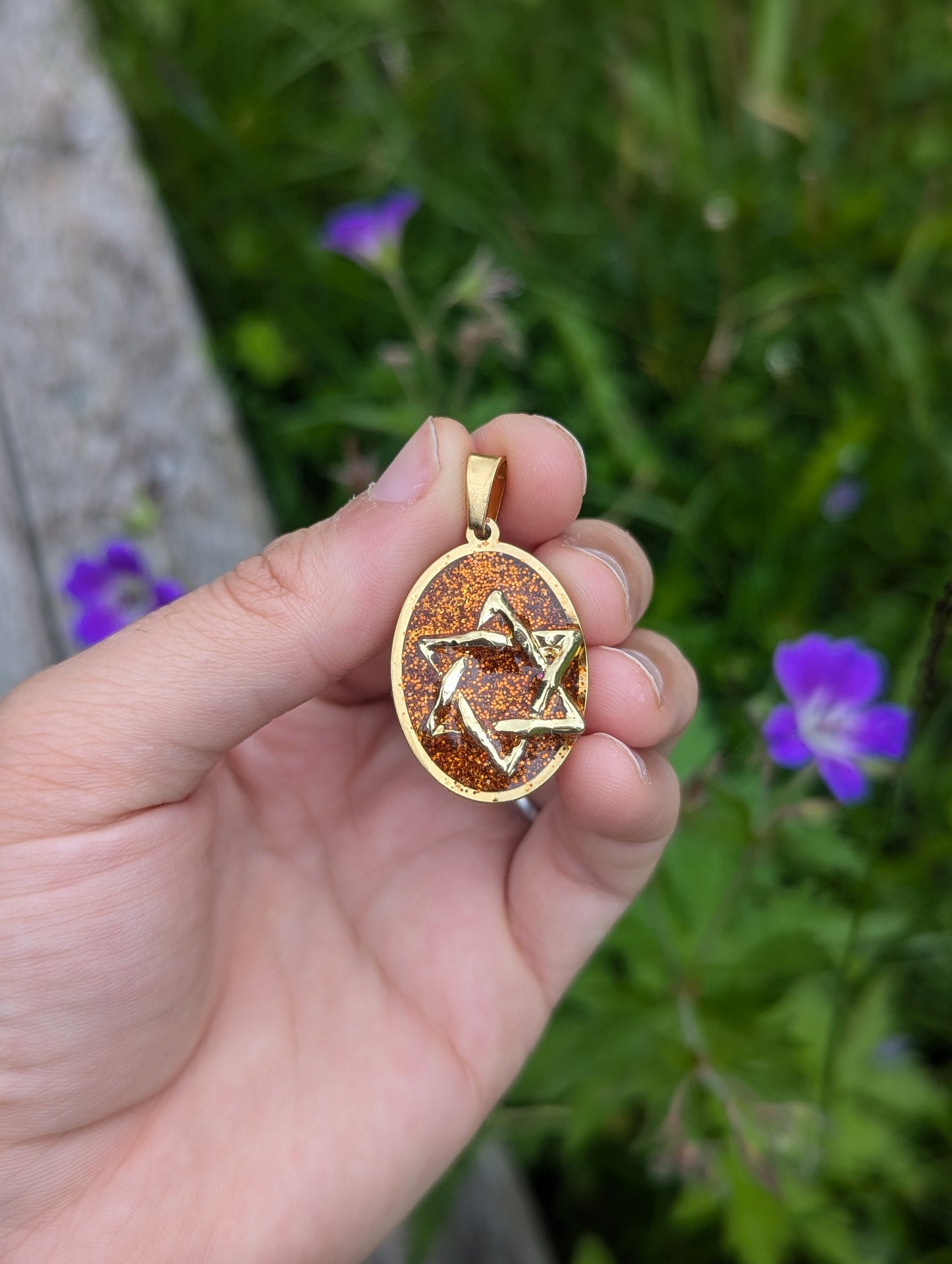 Tali: Orange Glitter Gold Plated Side Magen David Resin Pendant