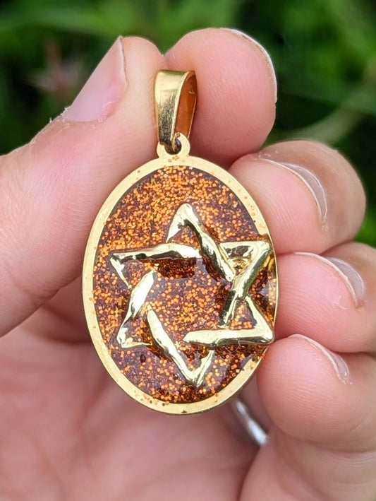 Tali: Orange Glitter Gold Plated Side Magen David Resin Pendant