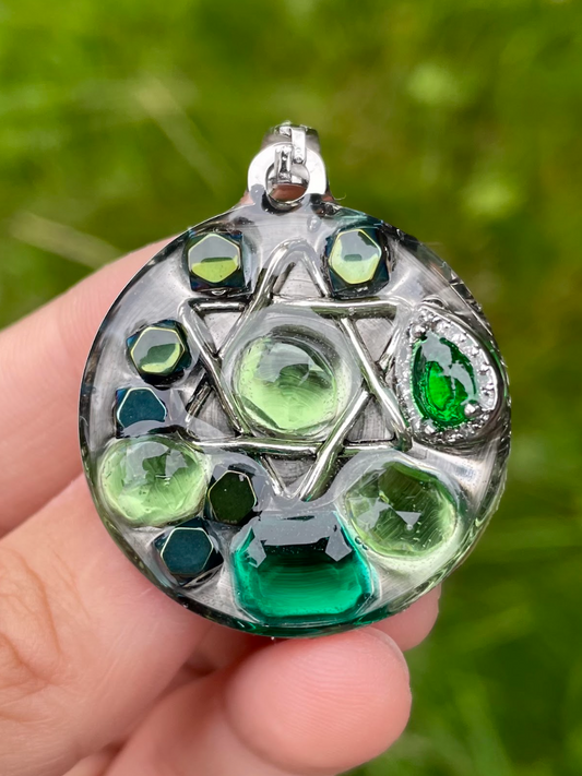 Lora: Green Zirconia Silver Magen David Round Resin Pendant