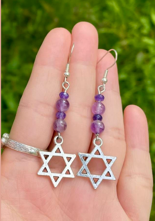 Amethyst Gemstones Magen David Earrings with 925 Sterling Silver Hooks