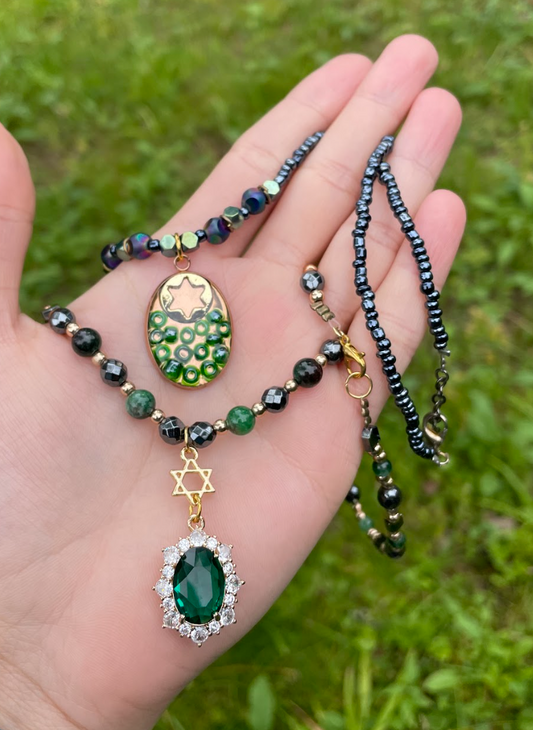 Green & Gold Magen David Beaded Zirconia and Resin Layered Set