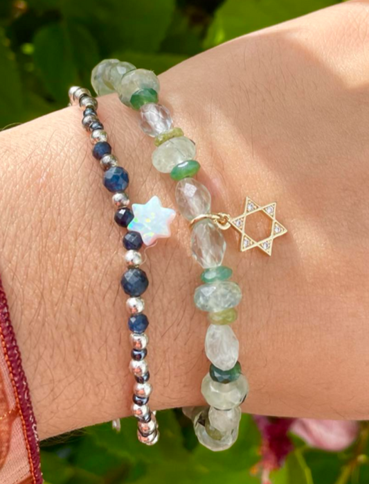 Two Bracelets: White Opal and Green Fluorite Gemstones Magen David