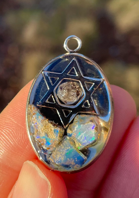 Firey Color Shifting Blue, White, Green Opal & Quartz Magen David