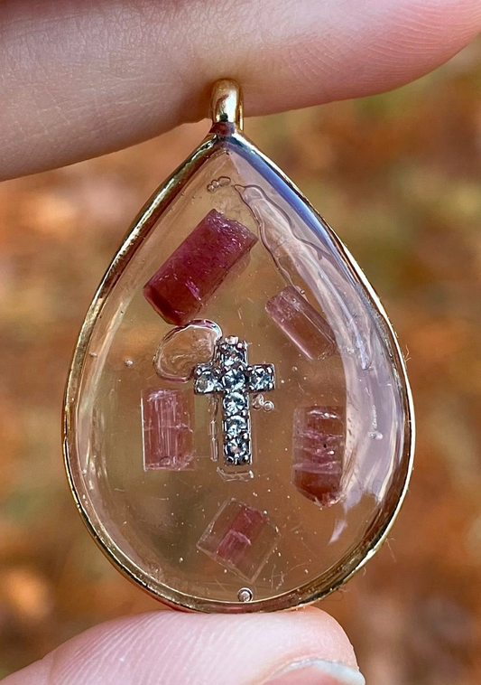 Zirconia Cross, Pink Tourmaline & Texturing Bubbles in Resin