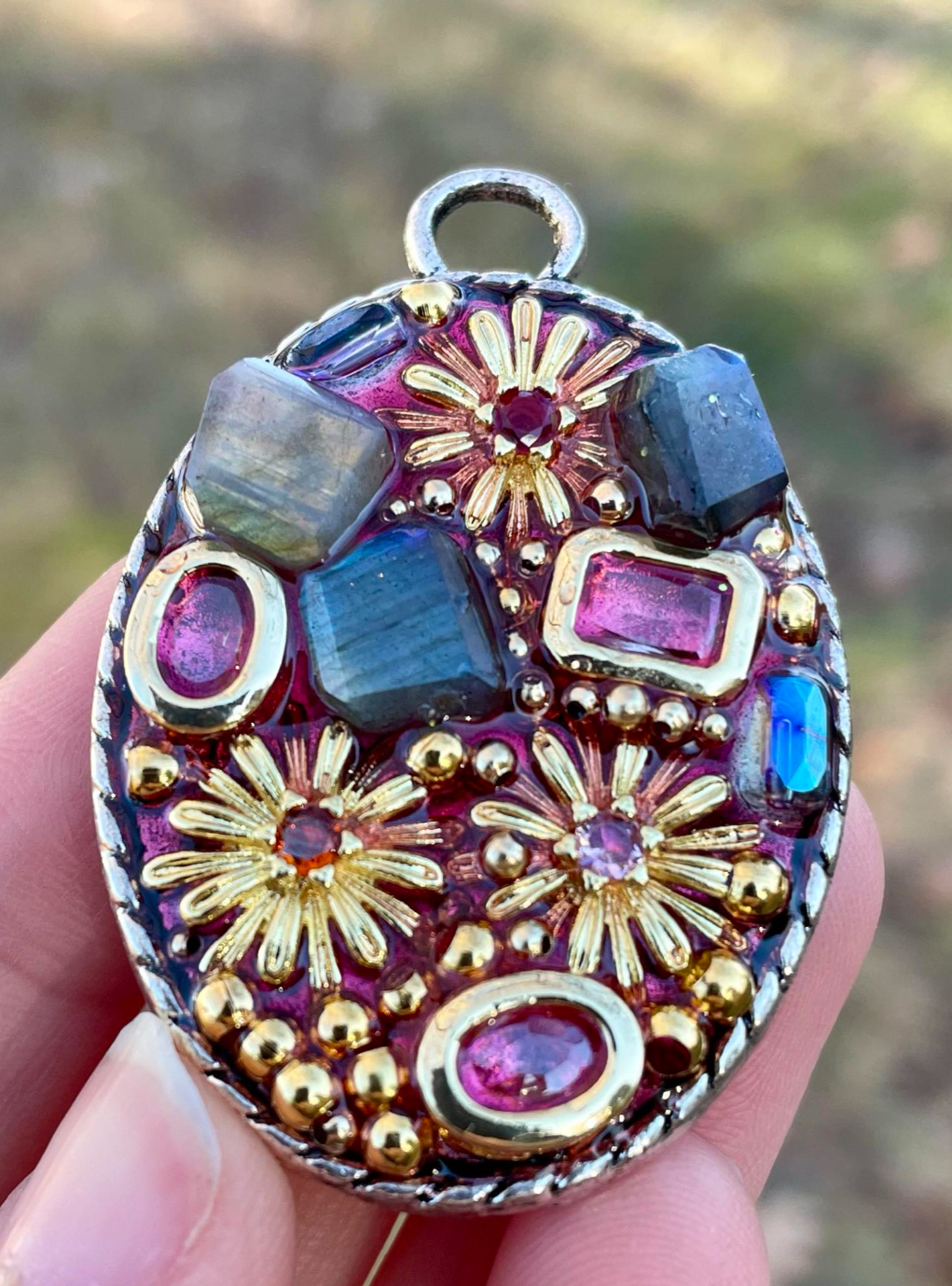 Pink Bloom, Silver and Gold toned Pendant with Labradorite Gems and Zirconia