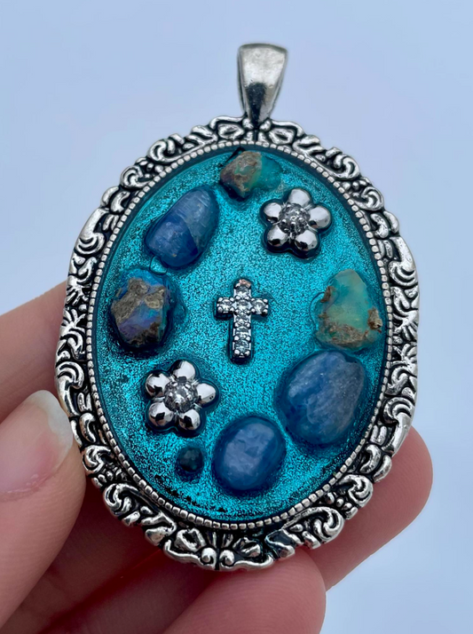 Kyanite, Opal and Sapphire Zirconia Cross with Flowers Silver toned Pendant