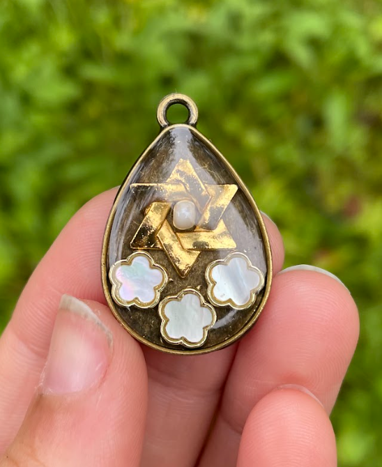 White Mother of Shell Flowers Gold Bronze styled Magen David Pendant