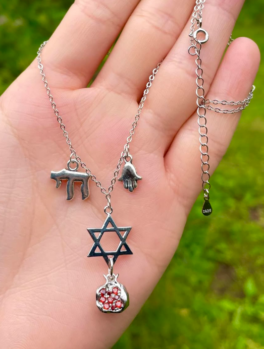 Pomegranate, Magen David, Hamsa and Chai 925 Sterling Silver Necklace with mixed metals Charms