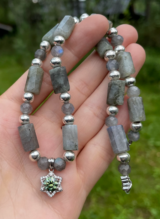 Blue Green Moissanite Magen David & Labradorite Gemstones