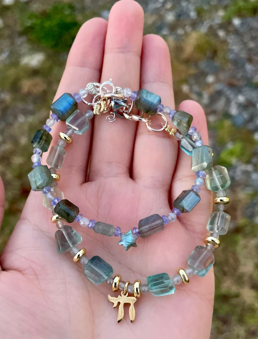 Chai & Magen David Labradorite, Fluorite and Tanzanite Gold Plated Beaded Bracelets