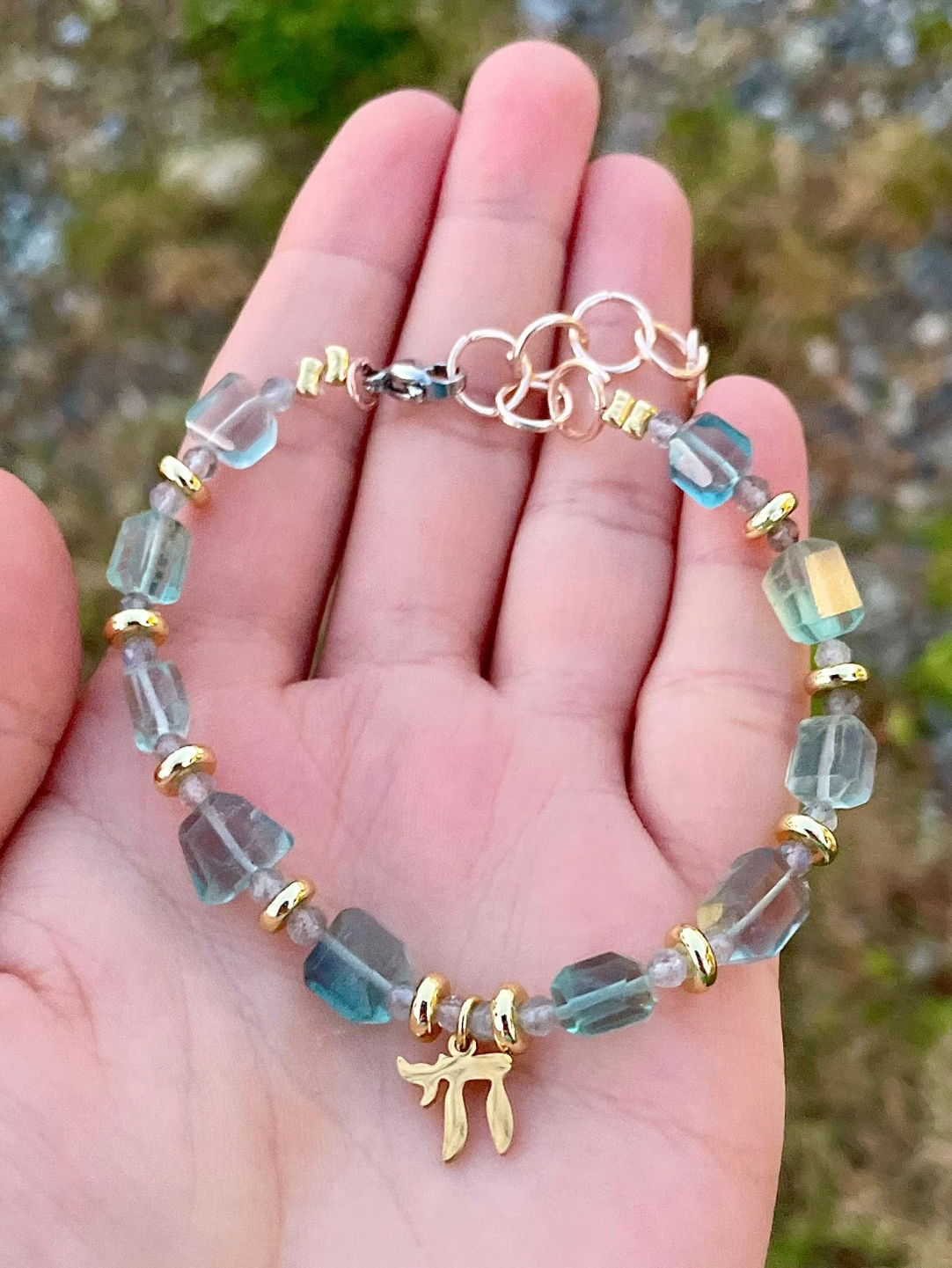 Chai & Magen David Labradorite, Fluorite and Tanzanite Gold Plated Beaded Bracelets