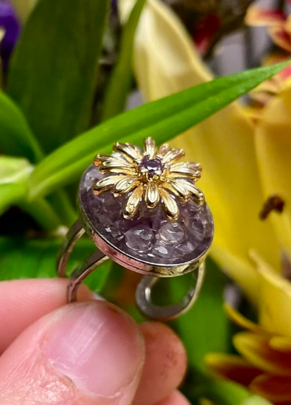 Amethyst Gemstones & Gold plated Flower with Purple Zirconia