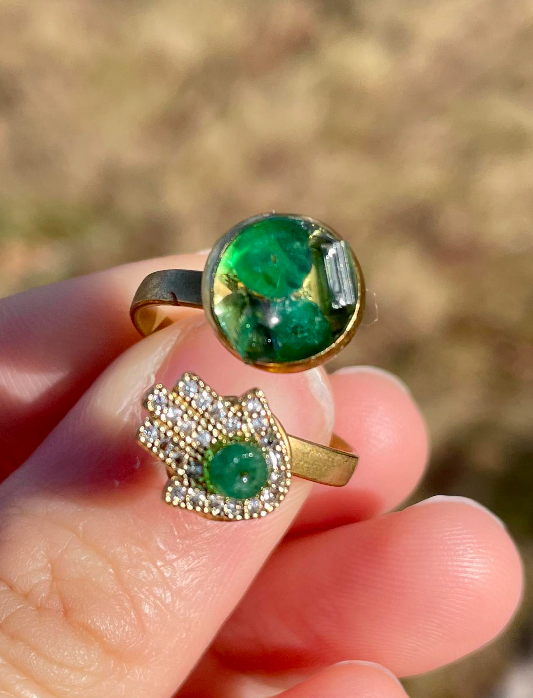 Green Tourmaline & Zirconia Hamsa Adjustable Ring