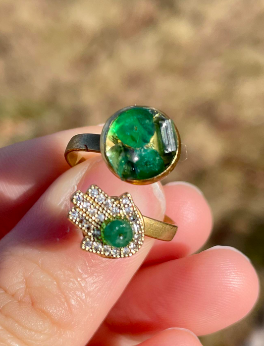 Green Tourmaline & Zirconia Hamsa Adjustable Ring