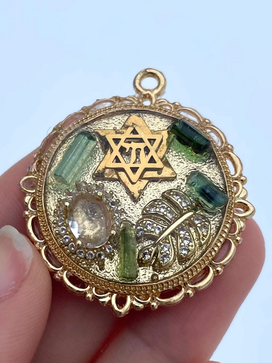 Green and Blue Tourmaline, Chai Magen David and Zirconia Leaf