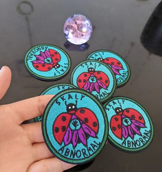 Embroidery Cotton Patch of Red Ladybug and Purple Pink Flower 'Abnormal' Skaly Music Merch Unisex Androgynous (Iron on Clothes)