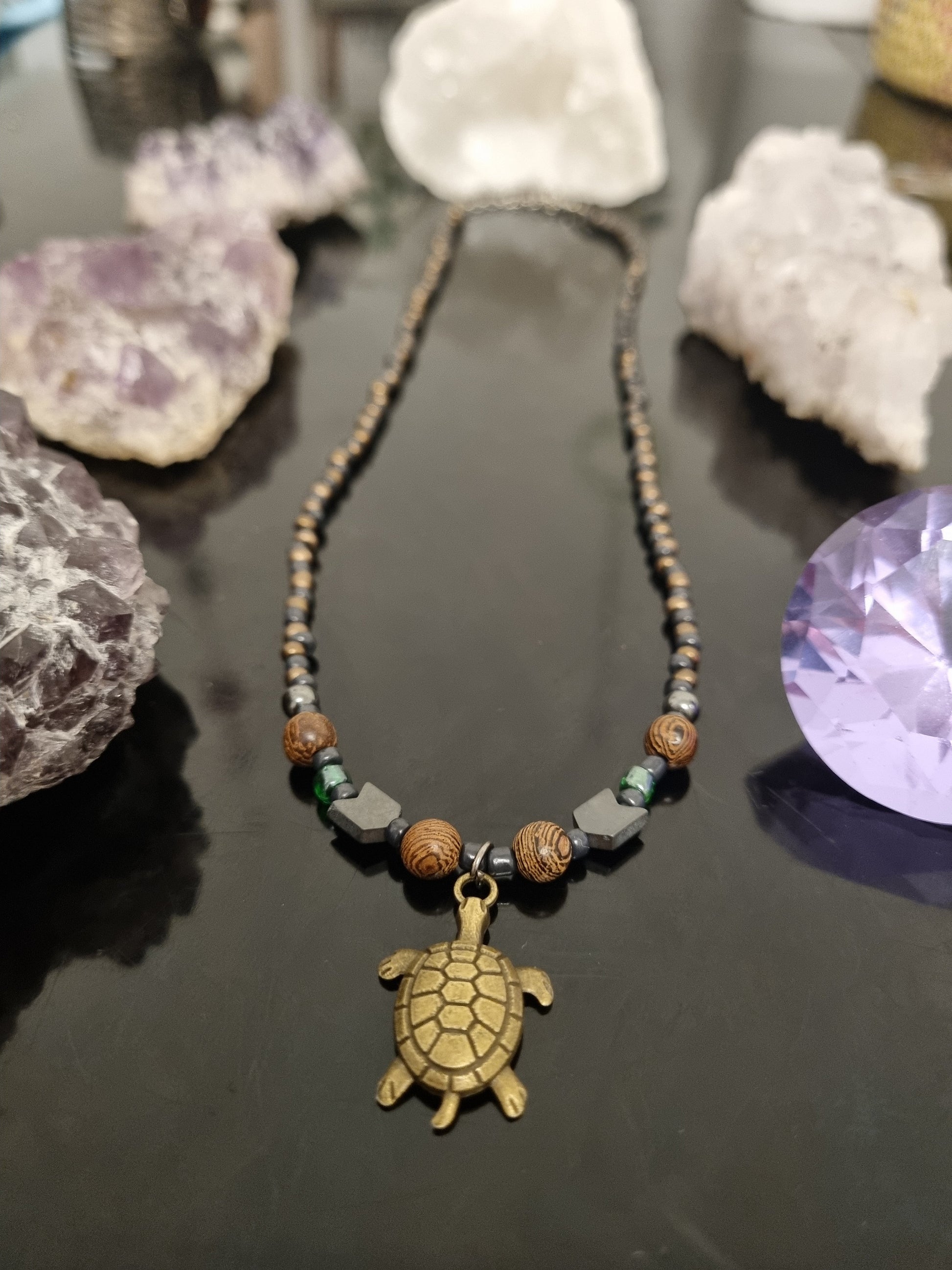 Unisex Turtle Tortoise Pendant Handmade Beaded Brown Necklace with Wooden Beads, Glass Beads and Arrow Hematite Styled Beads