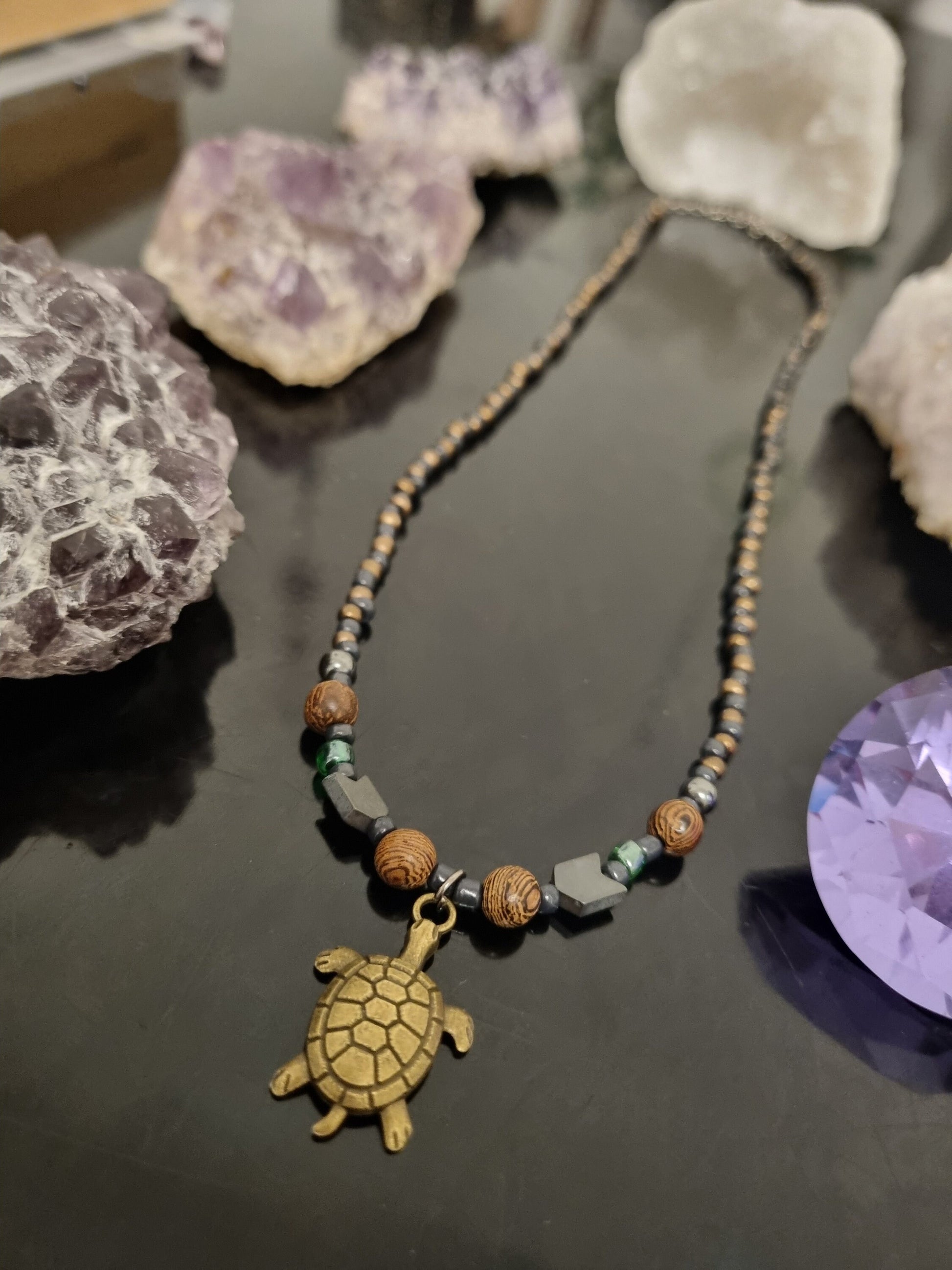 Unisex Turtle Tortoise Pendant Handmade Beaded Brown Necklace with Wooden Beads, Glass Beads and Arrow Hematite Styled Beads