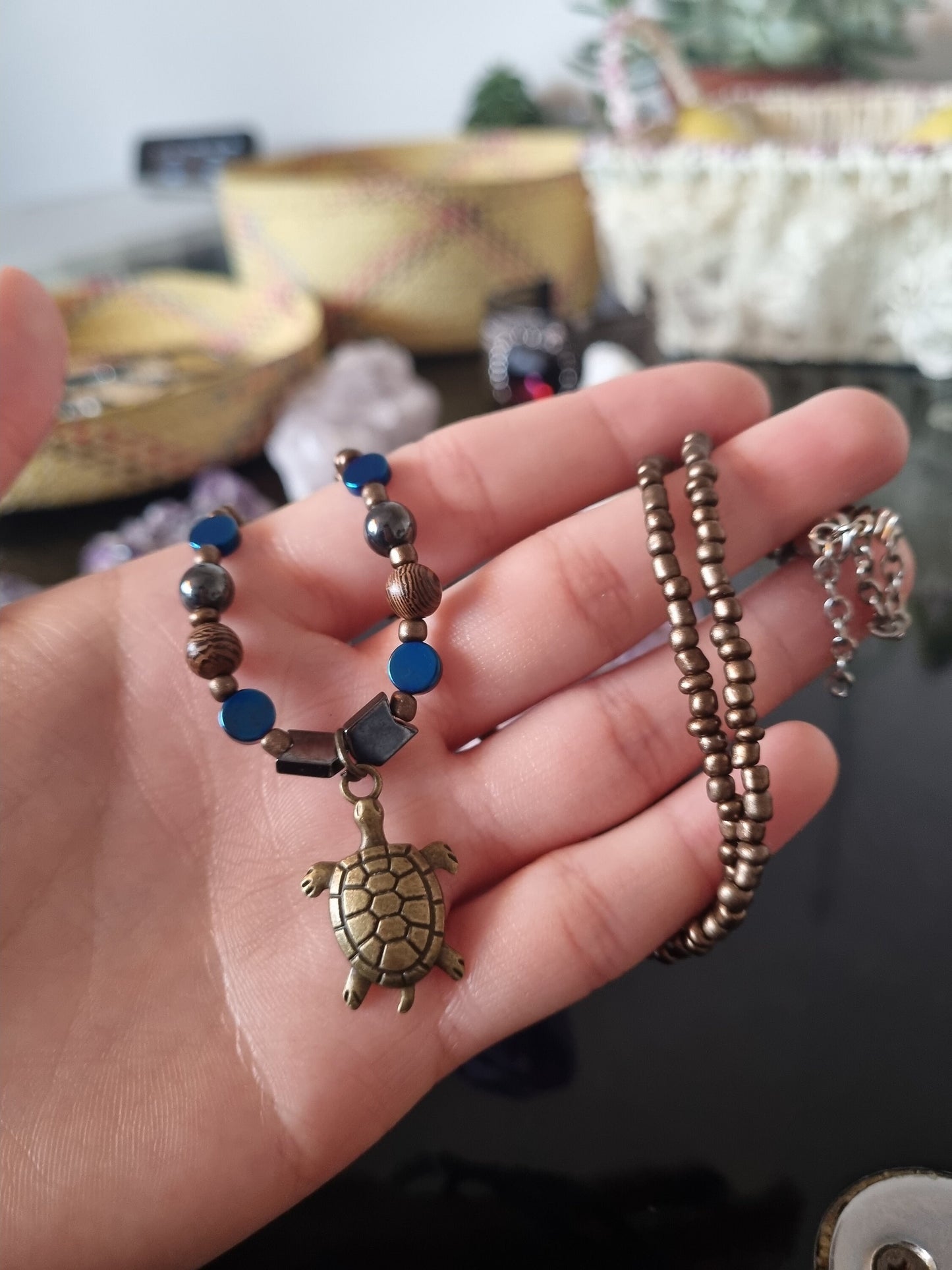 Unisex Turtle Tortoise Pendant Handmade Beaded Brown Necklace with Wooden Beads, Glass Beads and Arrow Hematite Styled Beads