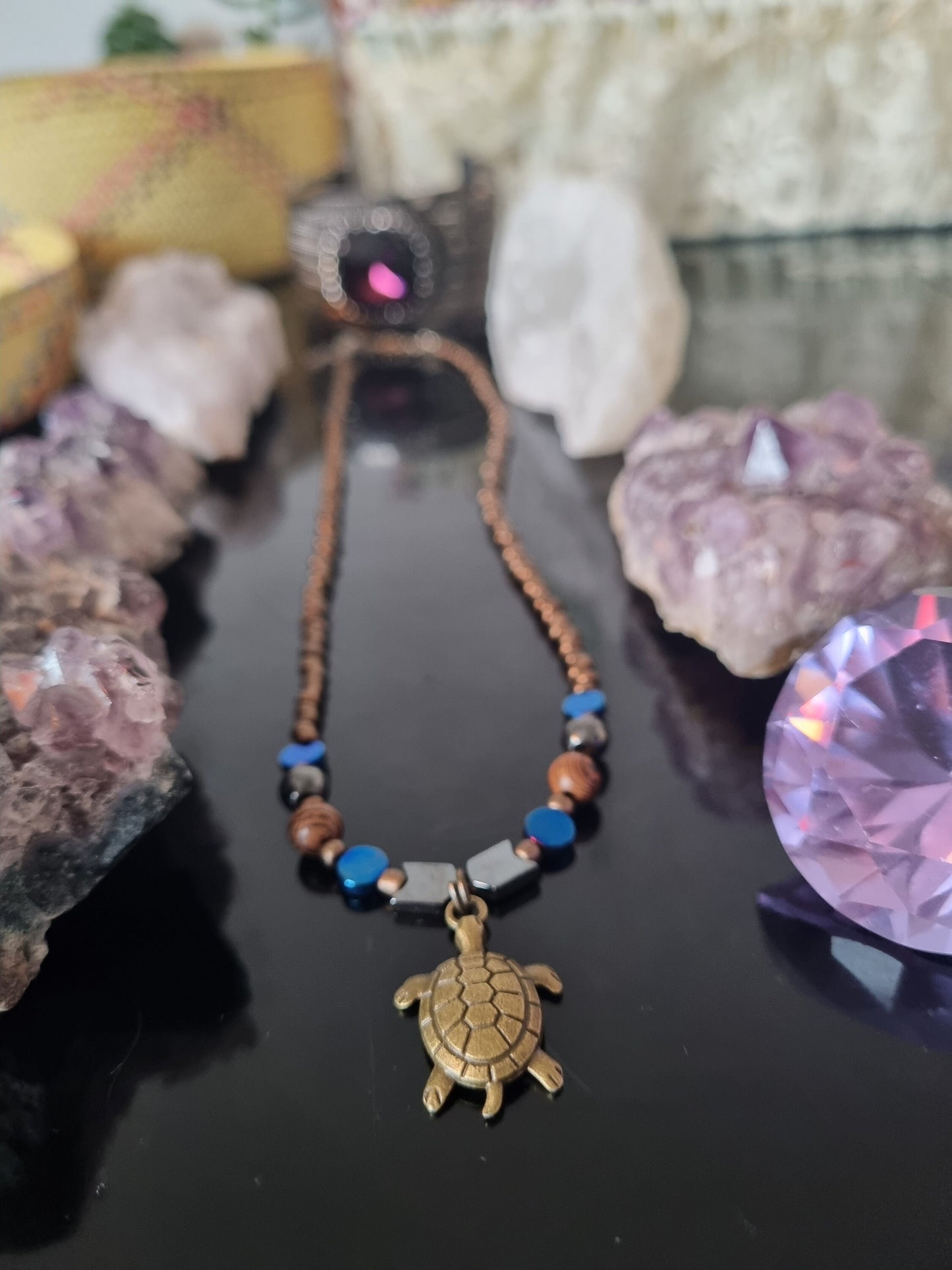 Unisex Turtle Tortoise Pendant Handmade Beaded Brown Necklace with Wooden Beads, Glass Beads and Arrow Hematite Styled Beads