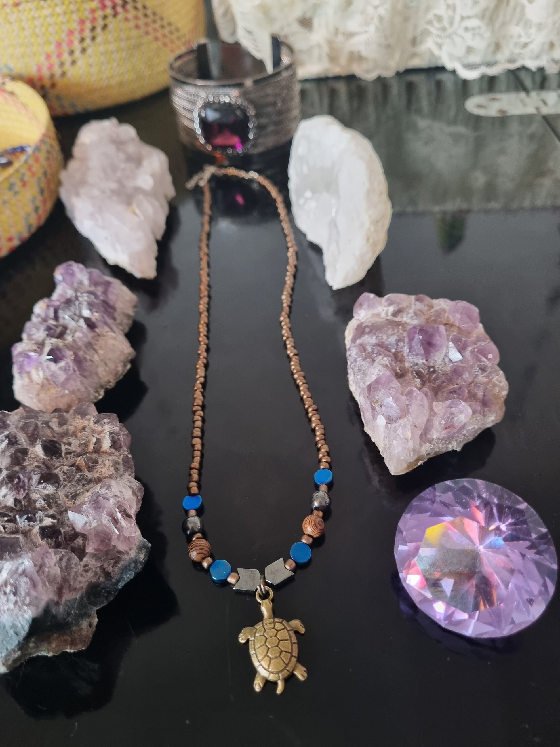 Unisex Turtle Tortoise Pendant Handmade Beaded Brown Necklace with Wooden Beads, Glass Beads and Arrow Hematite Styled Beads