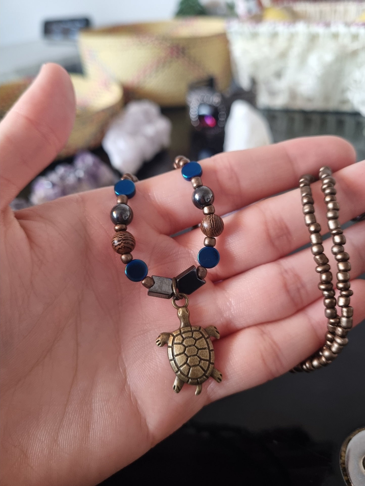 Unisex Turtle Tortoise Pendant Handmade Beaded Brown Necklace with Wooden Beads, Glass Beads and Arrow Hematite Styled Beads