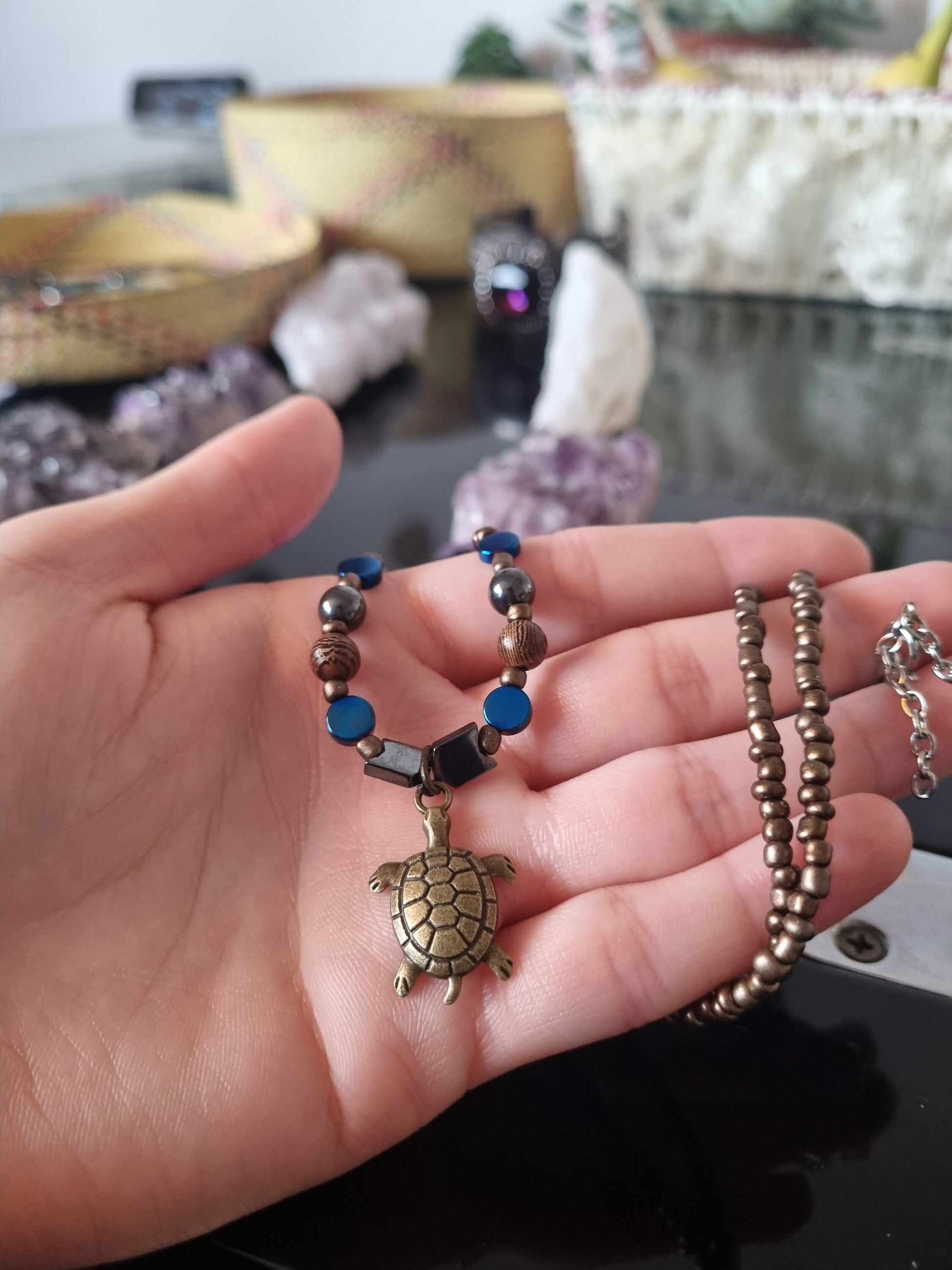 Unisex Turtle Tortoise Pendant Handmade Beaded Brown Necklace with Wooden Beads, Glass Beads and Arrow Hematite Styled Beads