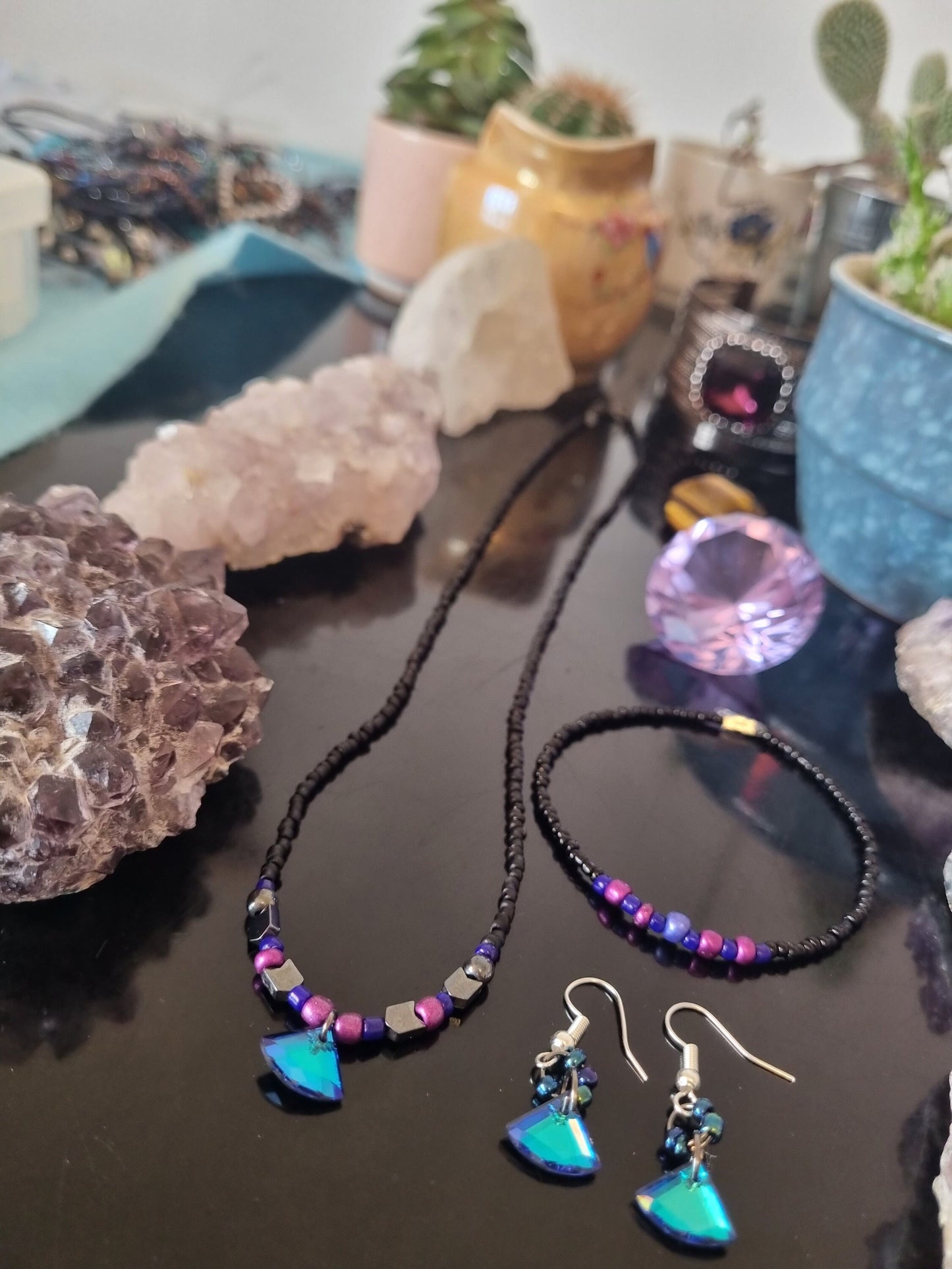 Bisexual Flag Colours Jewellery Set: 3 Blue Triangle Glass Pendants, Purple, Pink, Blue, Black Glass Beaded Necklace, Earrings and Bracelet