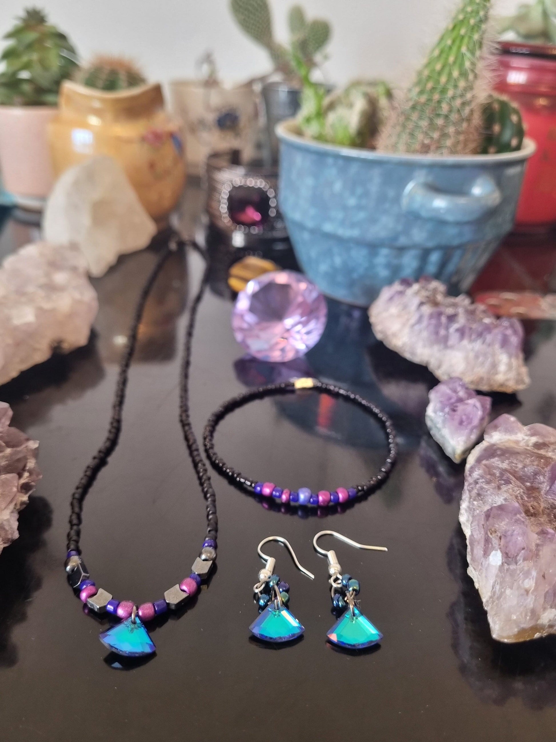 Bisexual Flag Colours Jewellery Set: 3 Blue Triangle Glass Pendants, Purple, Pink, Blue, Black Glass Beaded Necklace, Earrings and Bracelet