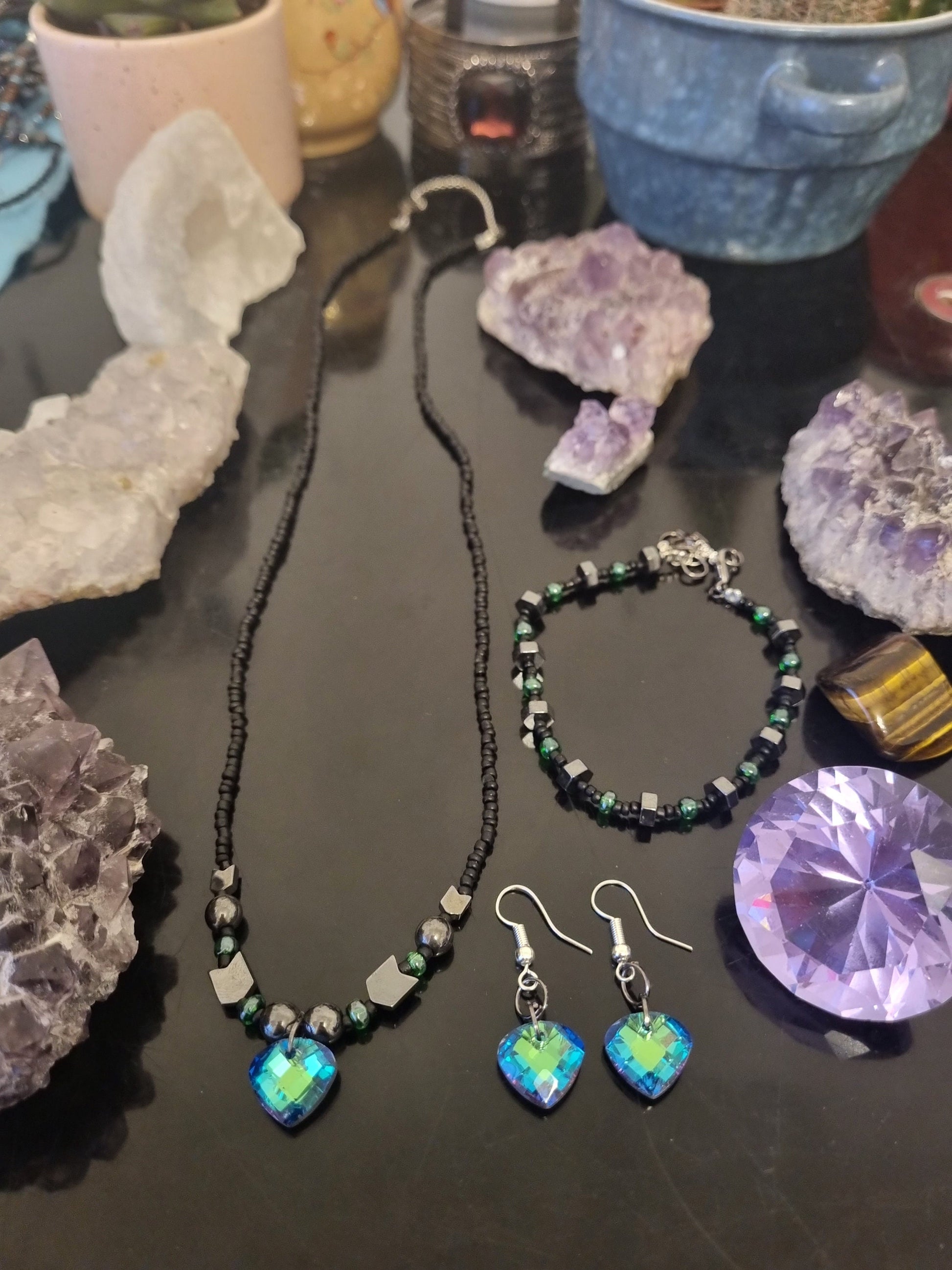 Set: 3 Stunning Green Glass Soft Triangle Pendants, Earrings, Necklace and Bracelet with Black and Green Glass Beads, Hematite Styled Beads