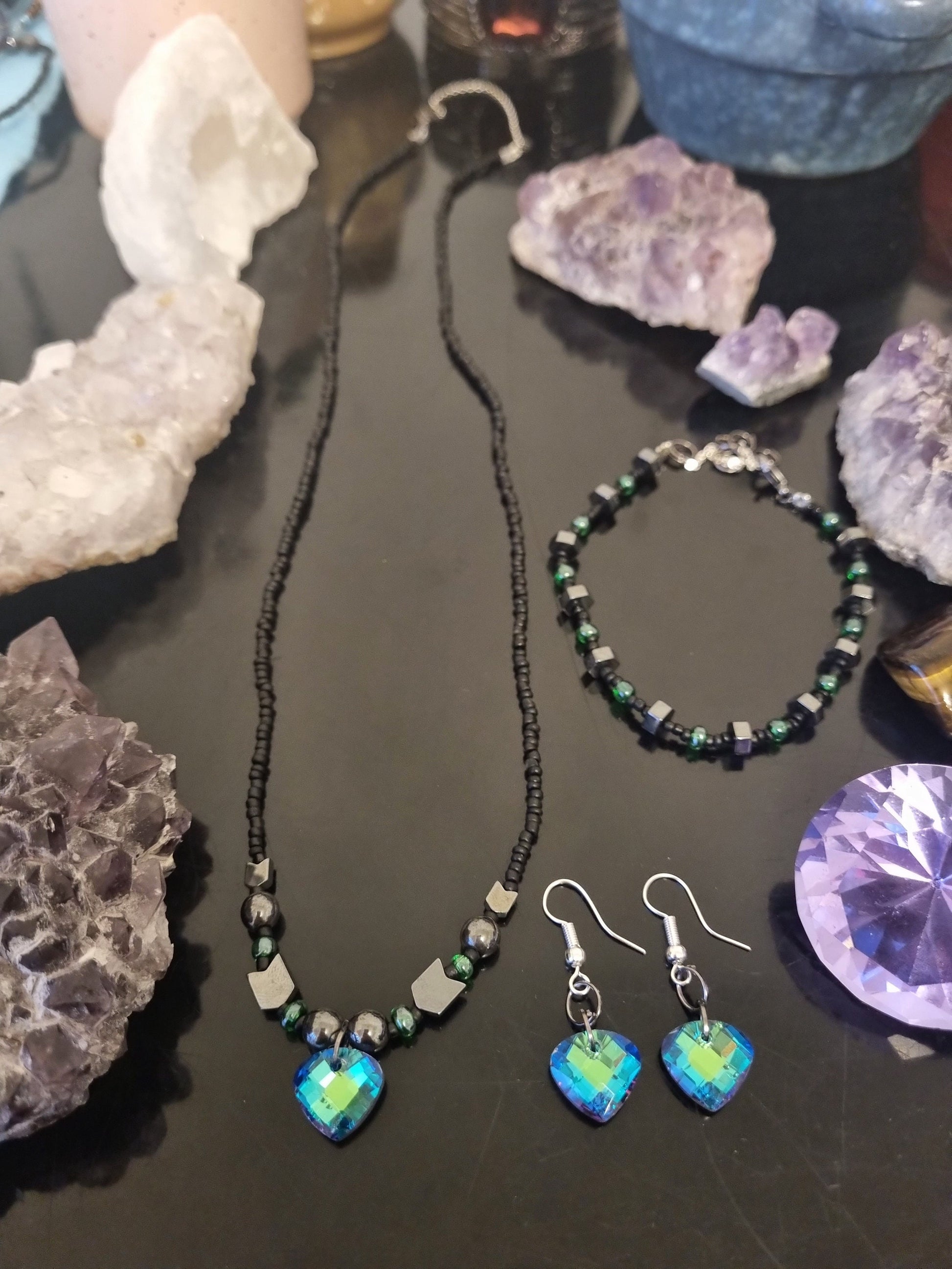 Set: 3 Stunning Green Glass Soft Triangle Pendants, Earrings, Necklace and Bracelet with Black and Green Glass Beads, Hematite Styled Beads